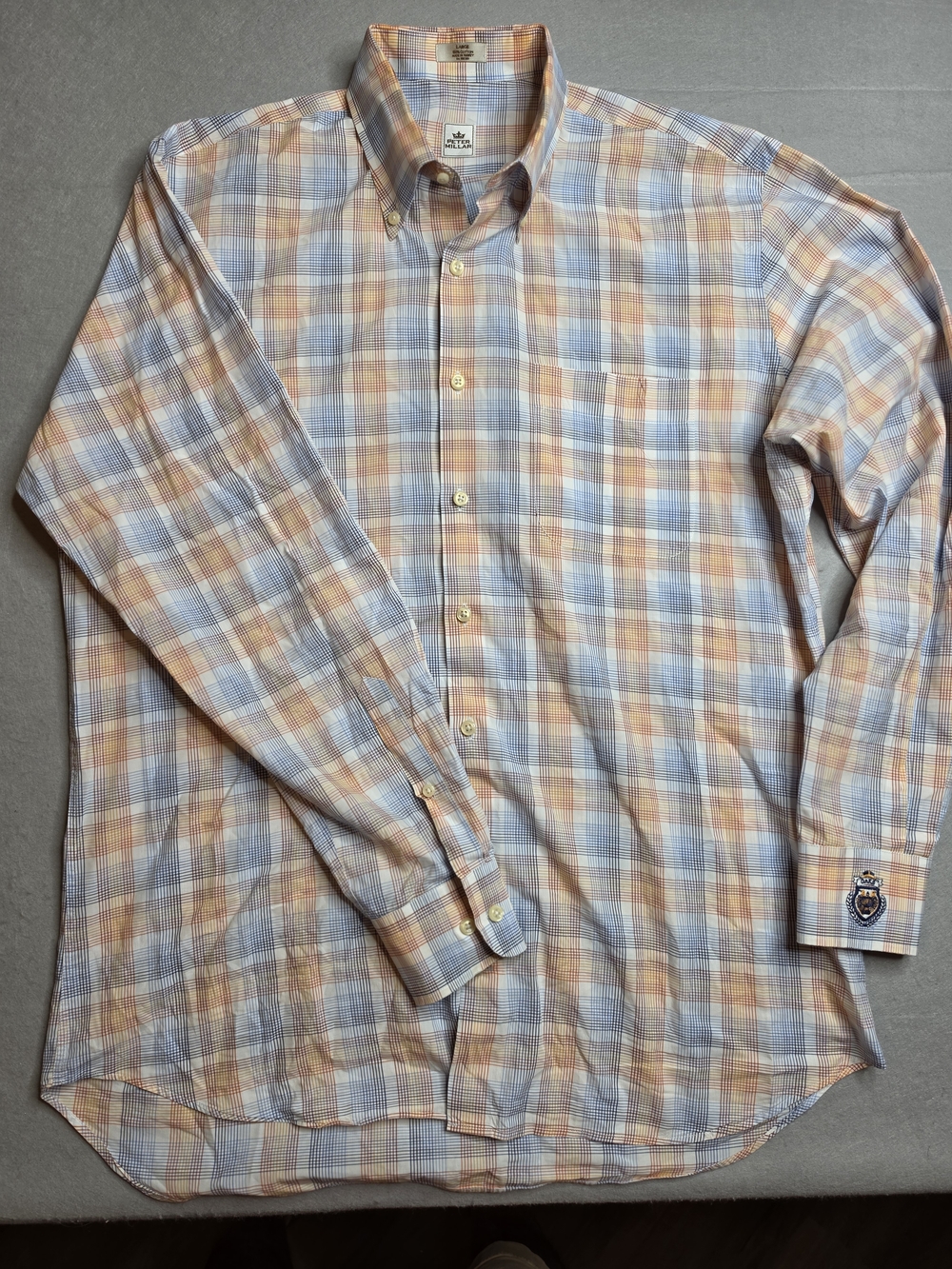 Peter Millar Mens Large Milo Blue & Tan Plaid Cotton Button Down Shirt Crown Fit - Picture 2 of 6